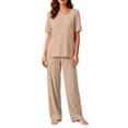 thumbnail image 2 of dazeni Womens Lounge Sets Breathable Short Sleeve Pajamas Sets 2 Piece CrewneckShirts and Soft Long Pants Pjs Sets for Adult Khaki XL, 2 of 7