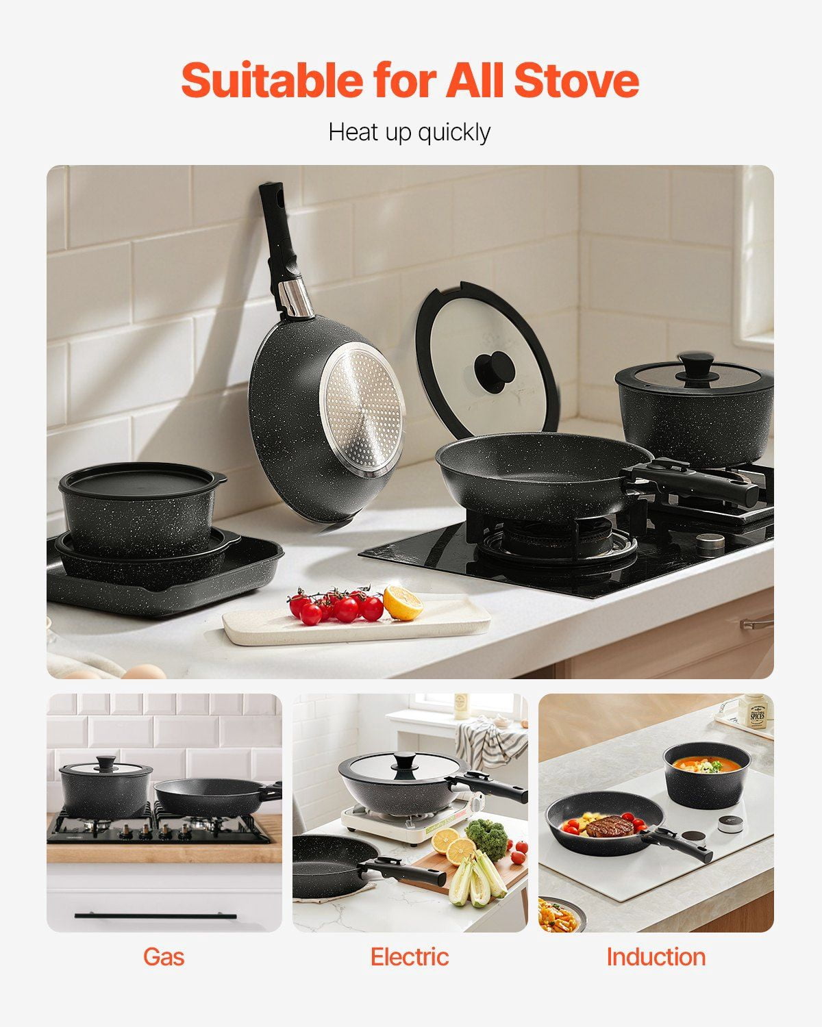 17 Piece Pots and Pans Set Nonstick Granite Coating Kitchen Cookware Induction Compatible Black
