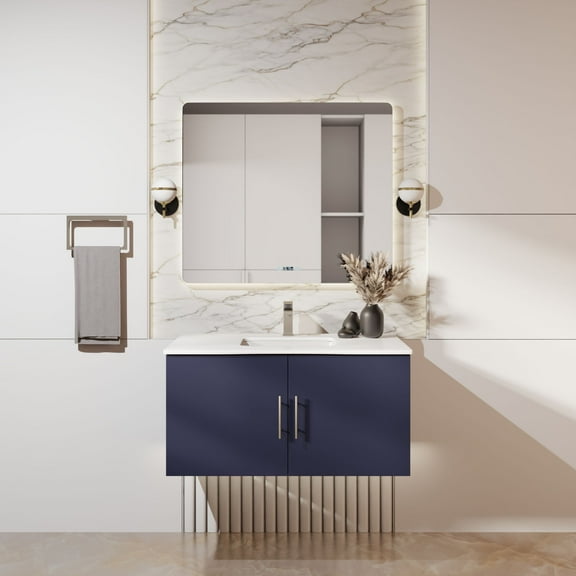 Sonoma 36 in W x 22 in D Navy Blue Single Bath Vanity, White Quartz Top and 36 in LED Mirror