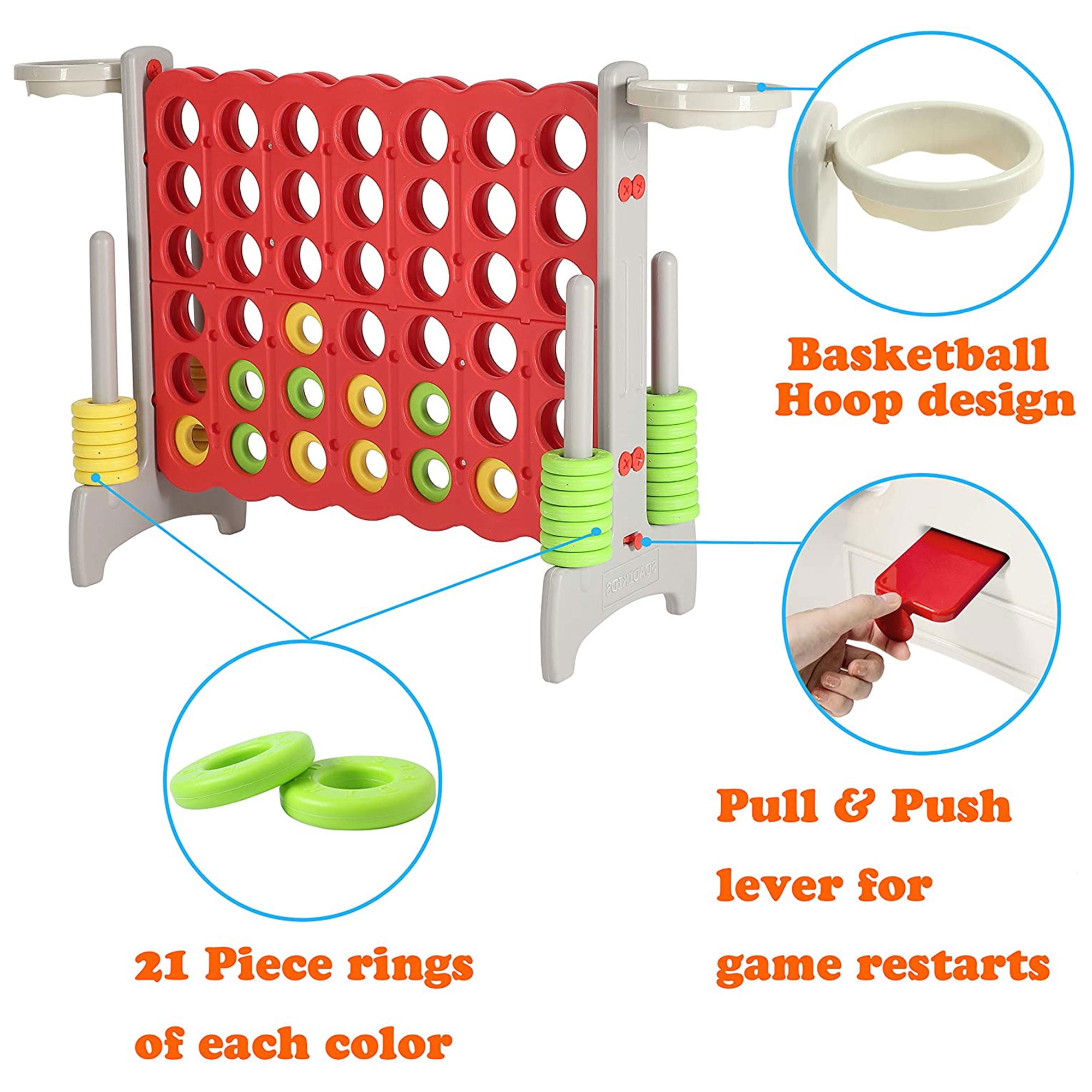 SDADI Giant 33 Inch 4-In-A-Row Game and Basketball Floor Game, Gray and Red