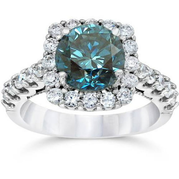 Pompeii 4 CT Blue Diamond Cushion Halo Engagement Ring 14K White Gold (H/I,I1-I2)