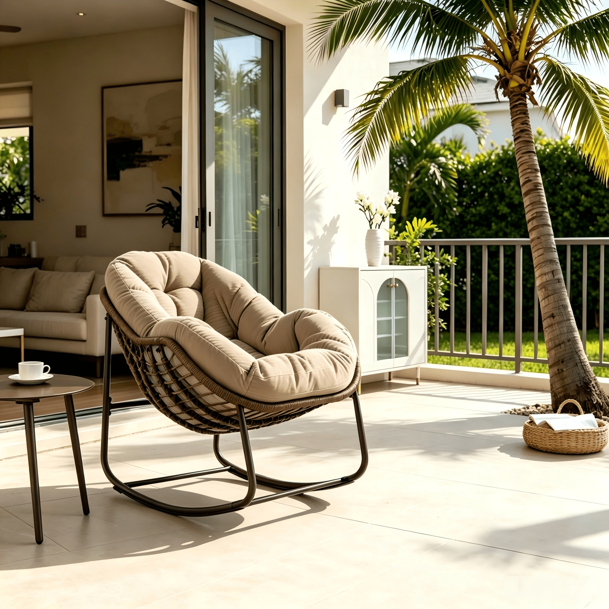 Sailvan Outdoor Rattan Rocking Chair,Oversized Wicker Egg Chair for Patio,Front Porch and Living Room khaki