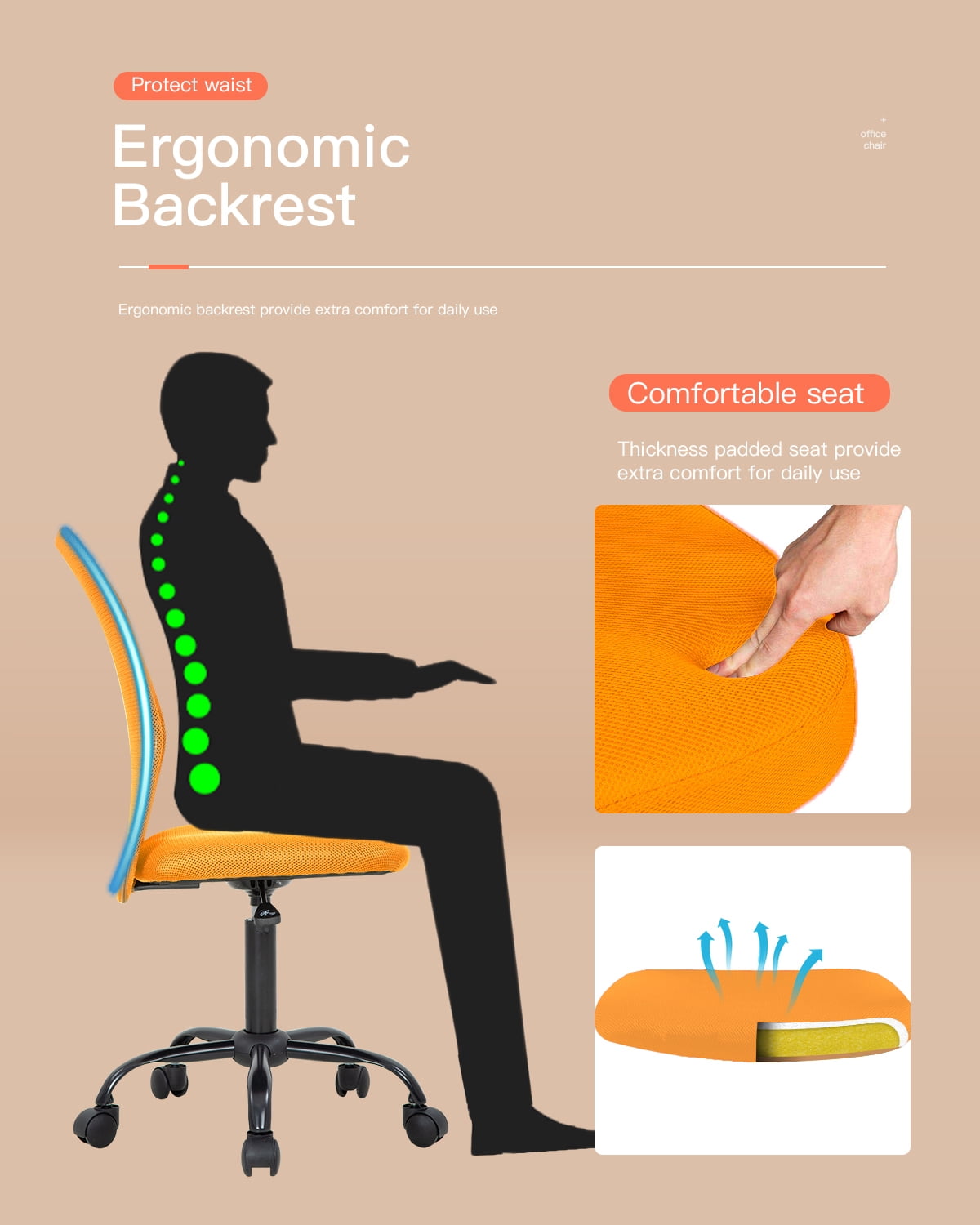 NiamVelo Executive Office Chair Armless Computer Chairs Adjustable Desk Chair with Lumbar Support for Teens Adults, Orange