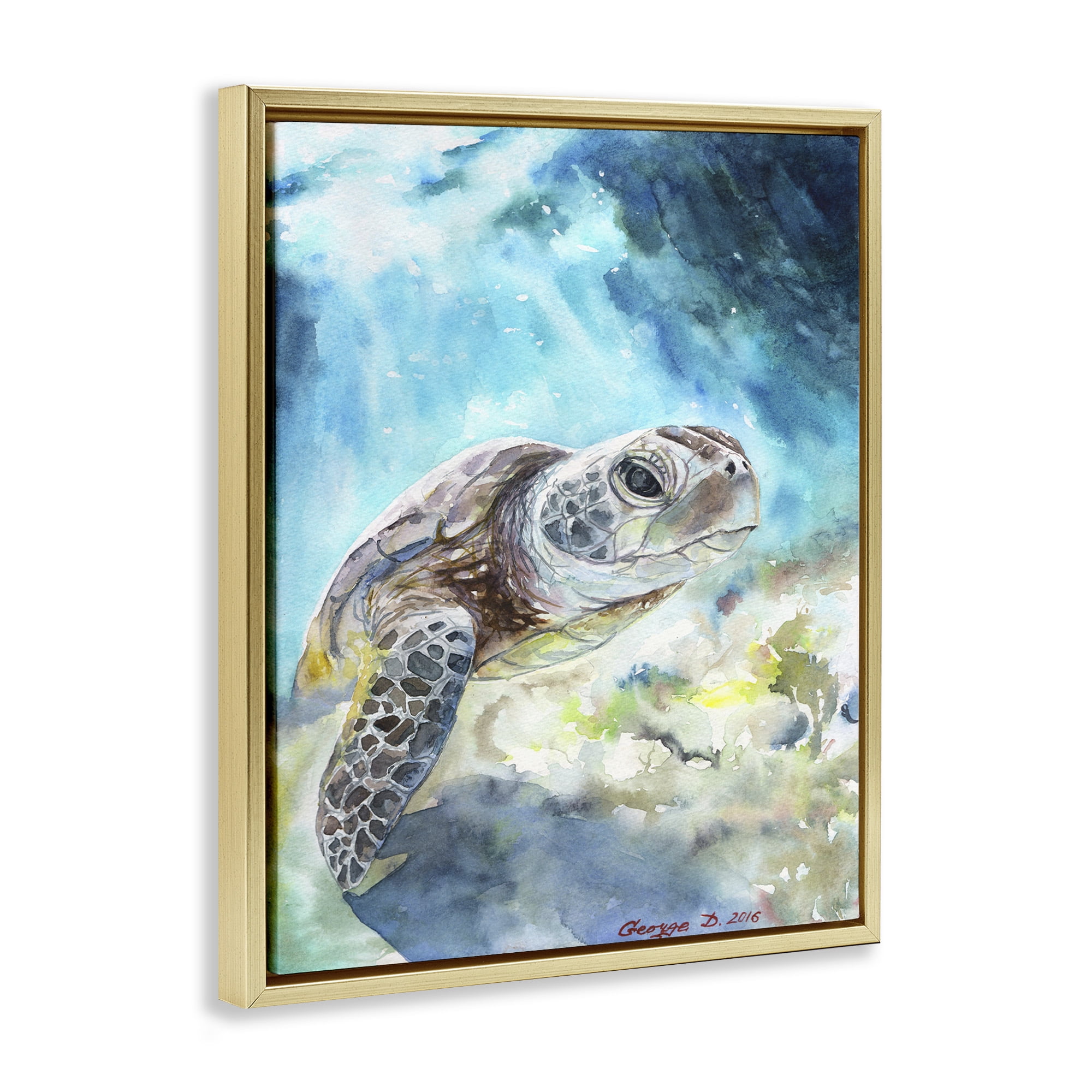 Stupell Industries Sea Turtle Ocean Watercolor Animals & Insects Painting Gold Floater Framed Canvas Art Print Wall Art, 17 x 21