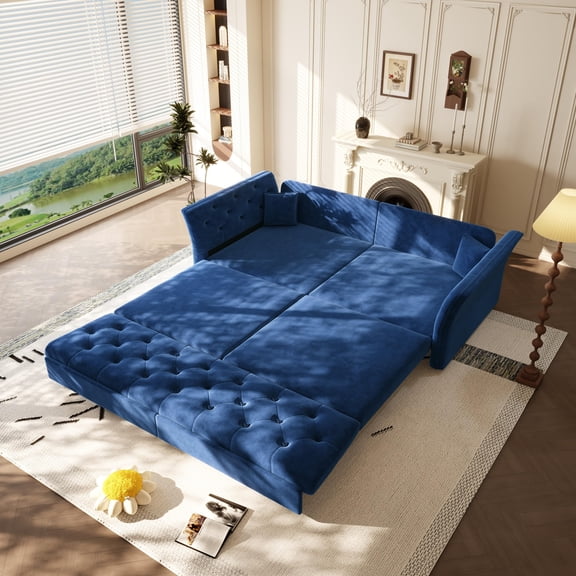 74.4" Blue Velvet Queen Sofa Bed, Convertible Sleeper Loveseat with Handmade Flower Tufted Design, Multi-Functional Sofa for Living Room, Bedroom, Apartment, Plush Velvet