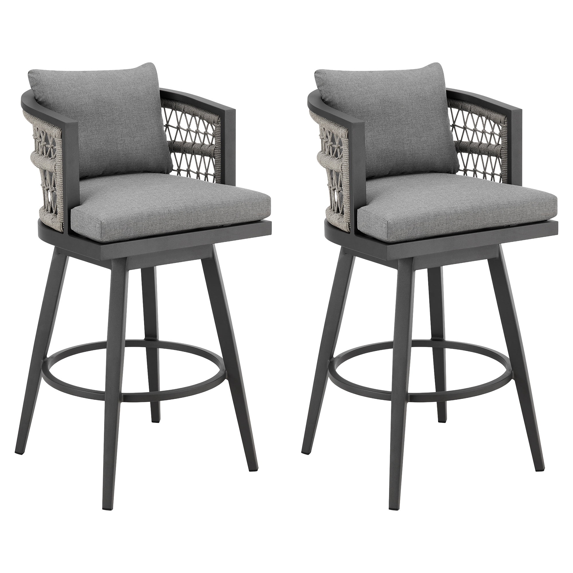 Zella Outdoor Patio Swivel Counter Stool in Aluminum with Light Gray Rope and Earl Gray Cushions - Set of 2