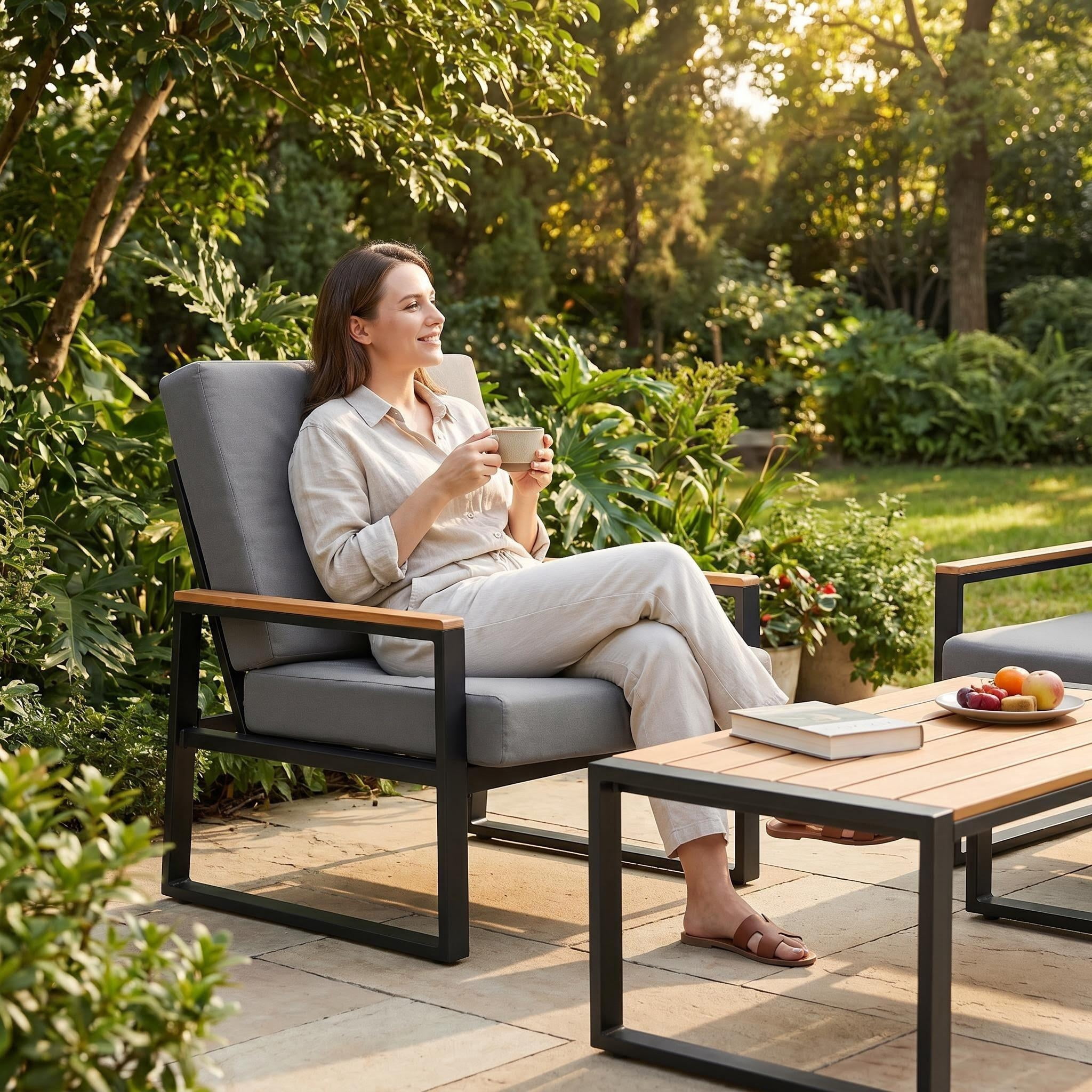 Outdoor Furniture Set, Lofka Patio Sectional Furniture Set with Rectangle Wooden Table and Heavy-Duty Metal Frame, Seating for 4, Gray Cushion