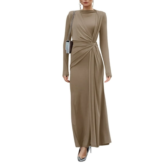 Women'S Slim-Fit Maxi Dress with Long Sleeves, Round Neck, Hip-Hugging Maxi Cocktail Dress Khaki L