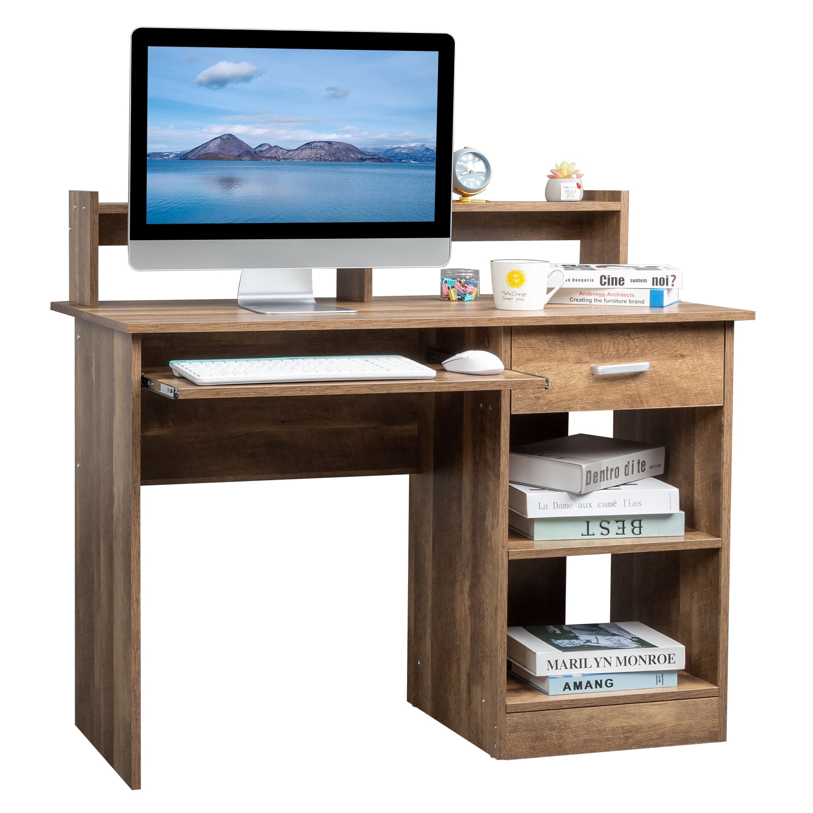 Ktaxon Gaming Desk with Keybroad Tray&Drawers, Computer Desk with Desktop Storage Rack& Adjustable Shelf Cabinet for Home Office, Natual
