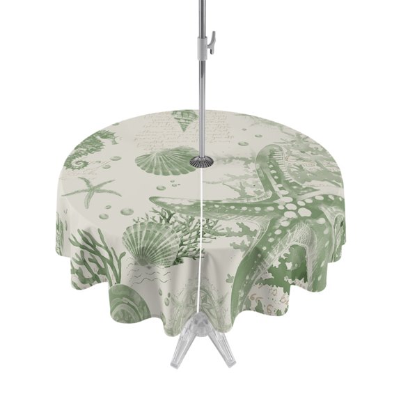 Outdoor Table Cloth with Umbrella Hole and Zipper, Sage Green Starfish Waterproof Round Tablecloth 54 Inch, Coastal Nautical Seahorse Conch Washable Table Cover for Outside Party Patio Picnic