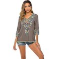 thumbnail image 1 of Chemise Bohème Brodée pour Femmes Manches 3/4 Hauts Bohèmes Mexicains Tunique Blouse, 1 of 5