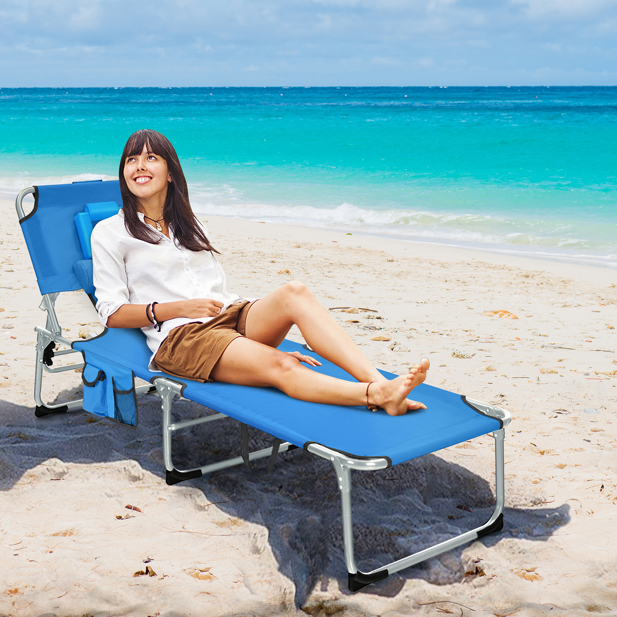 Gymax Portable Beach Chaise Lounge Chair Folding Reclining Chair w/ Facing Hole Blue - image 4 of 10