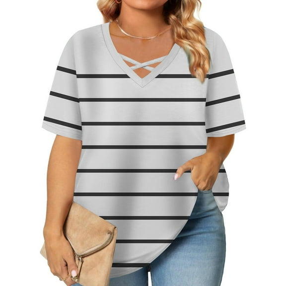 ylioge V Neck T Shirts for Women Plus Size XL-5X Short Sleeve Tees Tops Womens Casual Stripe Printed Loose Pullover Loungewear Work Blouses Top