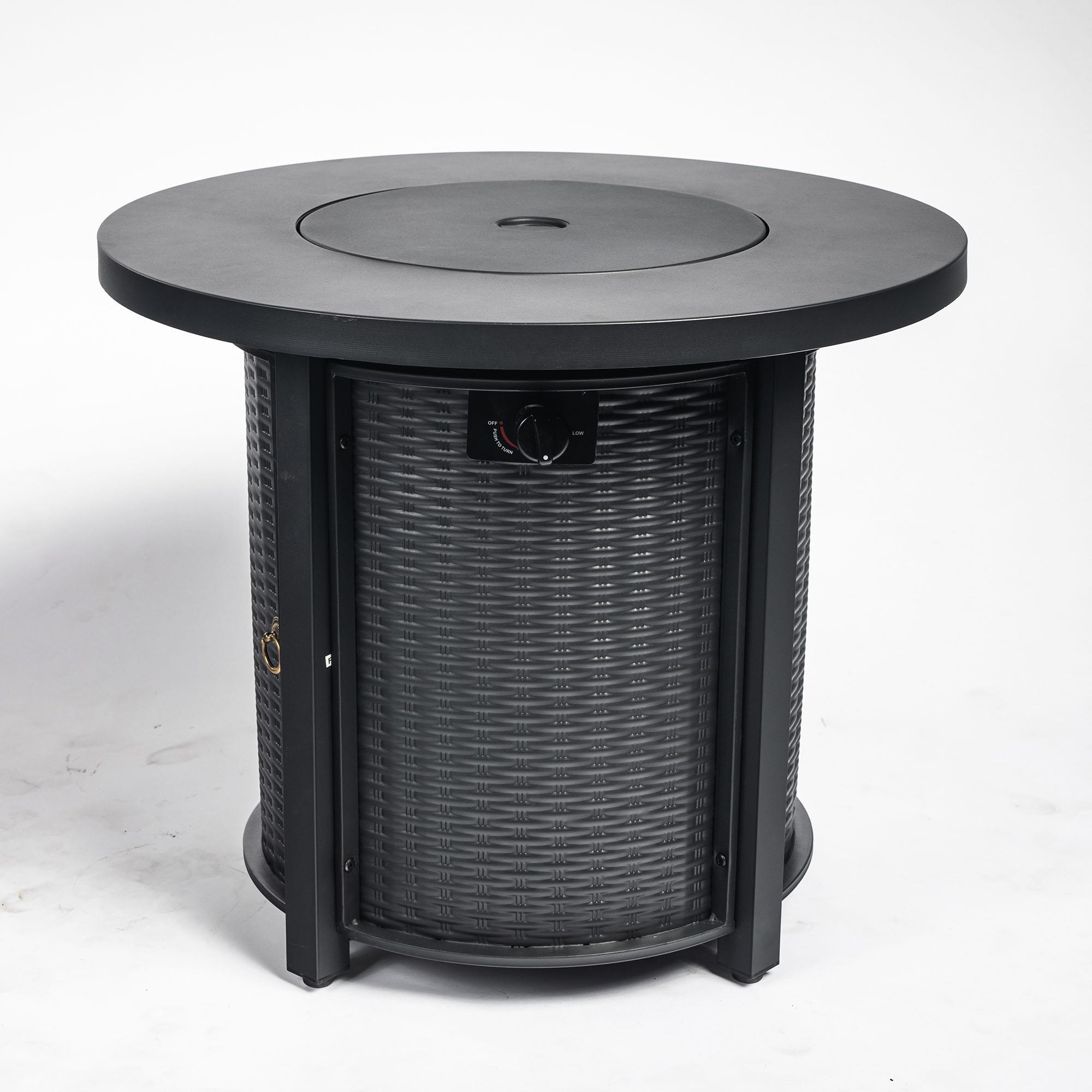 30In Propane Fire Pit Table 40000BTU Round Steel Patio Heater Electronic Ignition Lid Lava Rocks Included Outdoor Backyard Deck Garden Adjustable Flame Black Rattan Pattern 20SqFt Heating