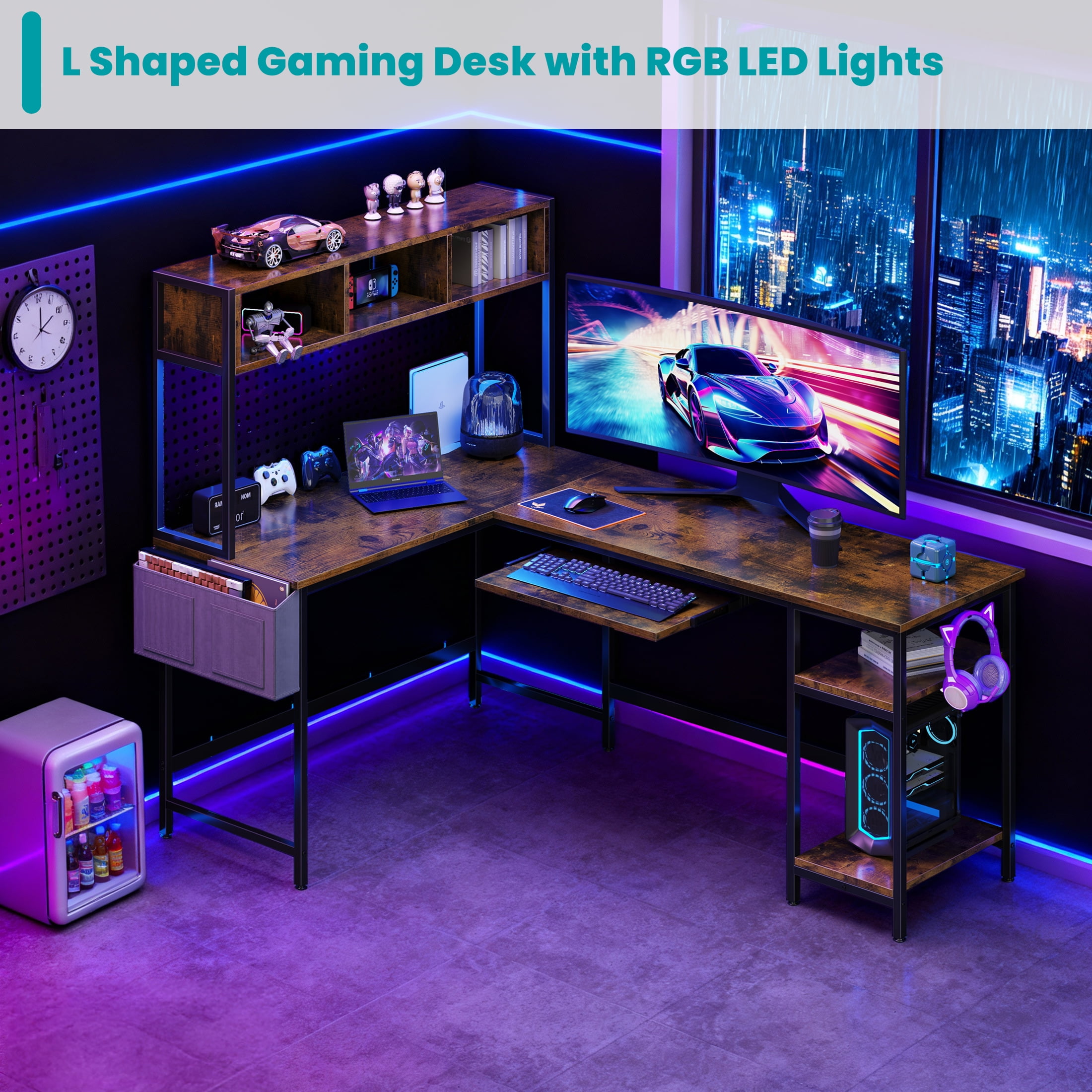 EDX 67'' L Shaped Computer Desk with LED Light, Shelf & Storage