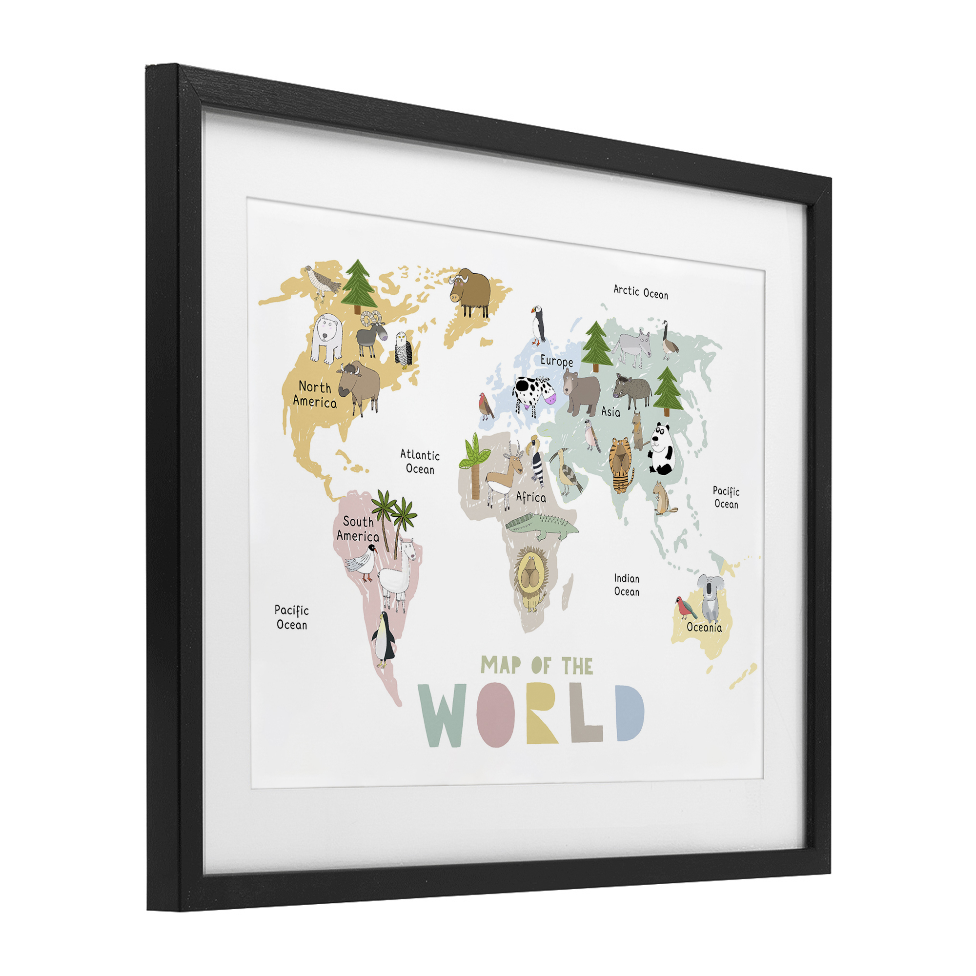 Map Of World Pastel Animals Black Framed Print Under Glass, design by Carla Daly