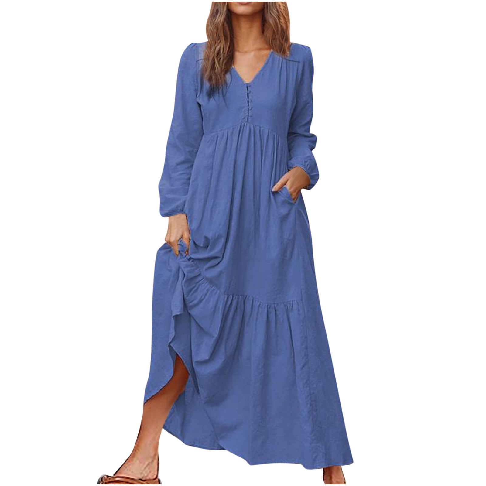 Mchoice Womens Fall Dresses Fashion Casual Long Sleeve Solid Color V Neck Maxi Dress Flowing