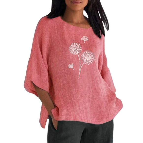 outfmvch t shirts for women summer 3 of 4 sleeve crew neck floral printed loose t shirts casual linen tunic tee womens tops pink