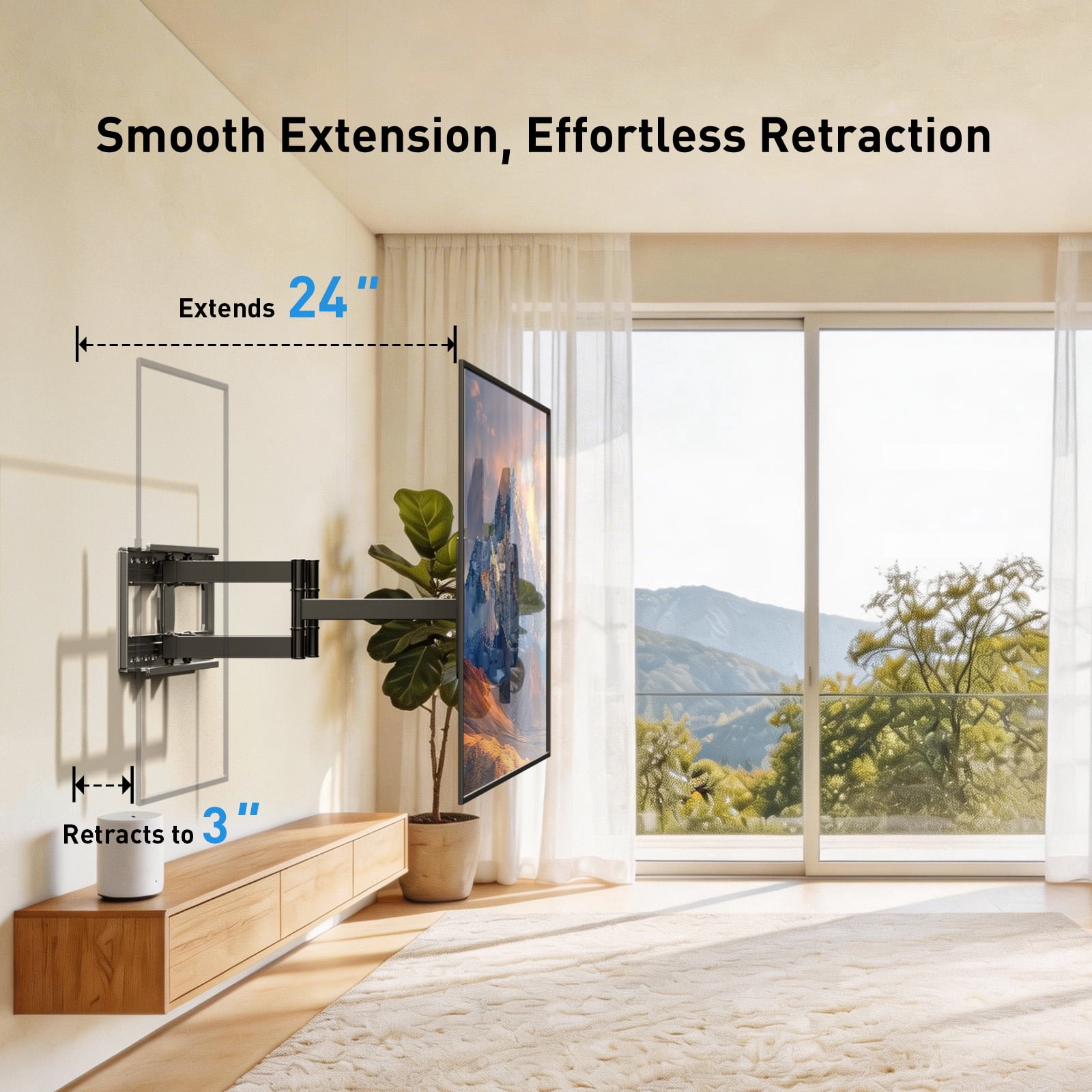 MountFTV Full Motion TV Mount for 42-97" TVs, Max 800x400mm, Holds up to 165 lbs, Fits 16″/18″/24″ Wood Studs, TV Wall Mount Bracket with Dual Articulating Arms, Swivel, Tilt Extension