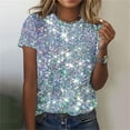 thumbnail image 2 of Liquidation! Uooqdmx Hauts à Sequins pour Femmes, Chemises à Manches Courtes pour Femmes, Hauts Scintillants pour Femmes, T-Shirt Décontracté à Col Rond Imprimé à Sequins, Hauts de Printemps pour Femmes 2025, Argent 1 TTG, 2 of 5
