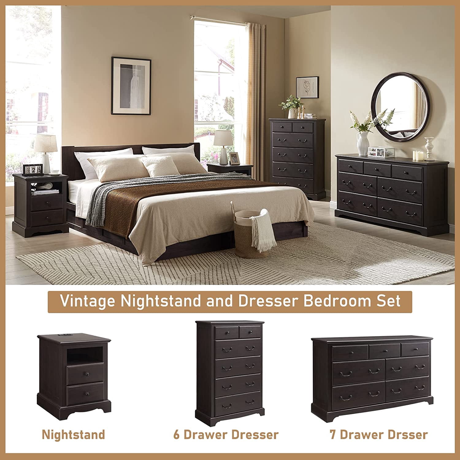 OKD 48" Tall 6 Drawers Dresser for Bedroom, Farmhouse Wooden Chest of Drawers, Closet Clothes Storage Organizer for Bedroom, Living Room, Espresso