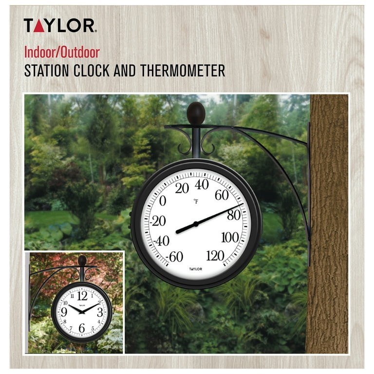 Taylor 8.25-inch Metal Station Clock with Thermometer in Black