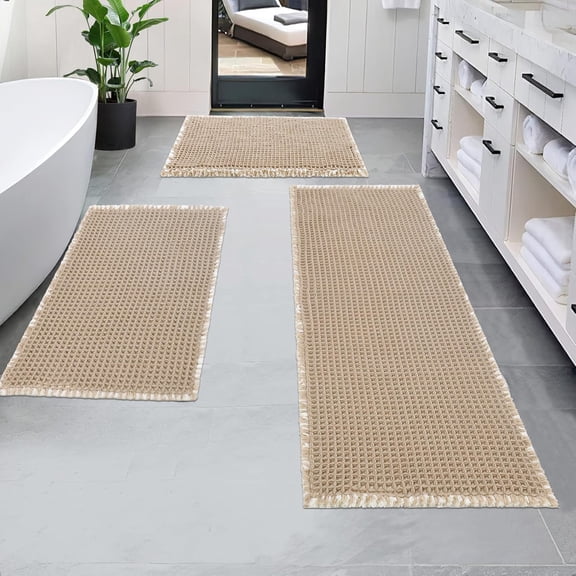 3 Piece Waffle Bath Mat Set - Non Slip, Soft Absorbent Bathroom Rugs for Floor, Tub, Shower - Machine Washable, Khaki