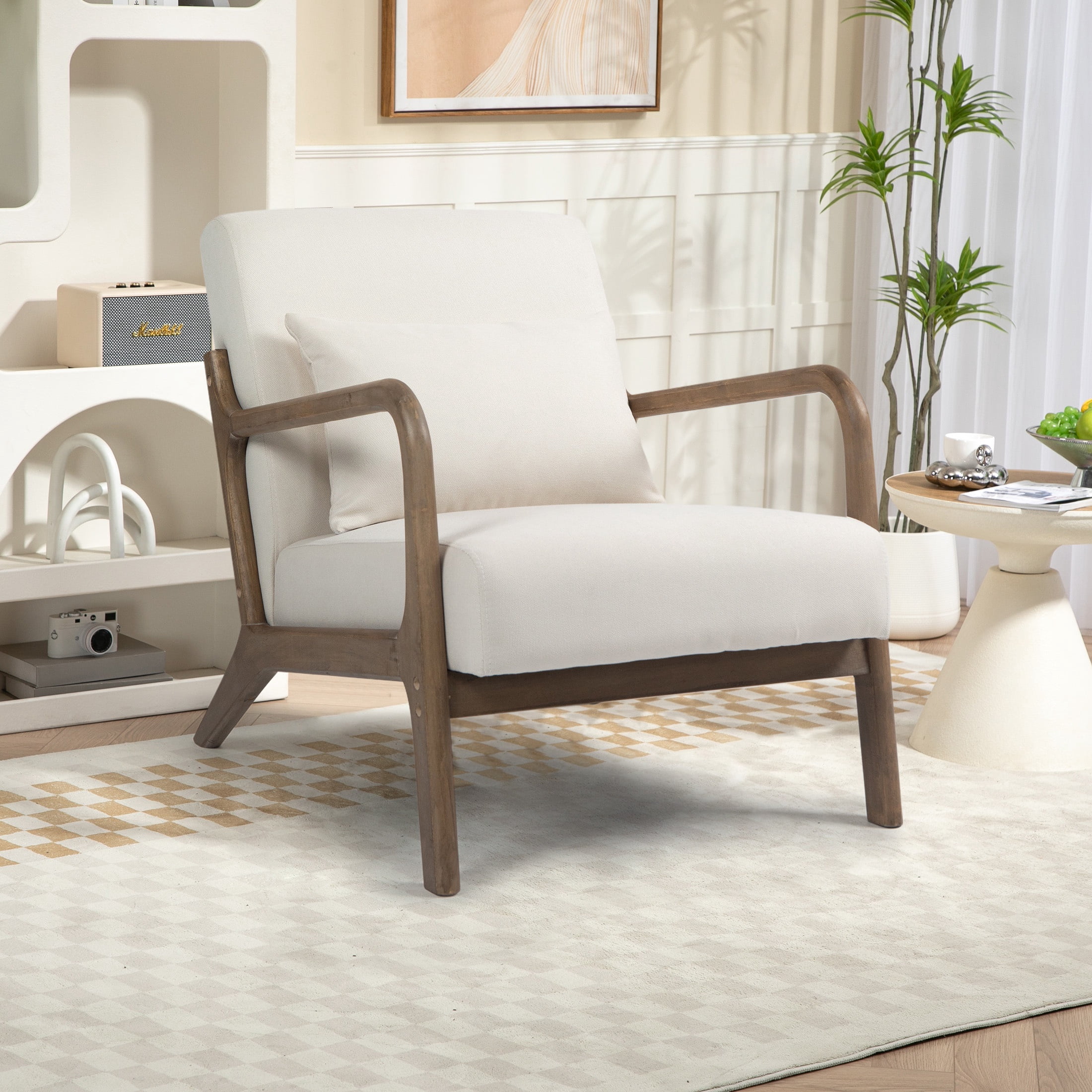PAPROOS Accent Chair Set of 2, Mid-Century Modern Armchair with Solid Wood Frame and Pillow, Velvet Fabric Upholstered Reading Chair for Living Room Bedroom, White