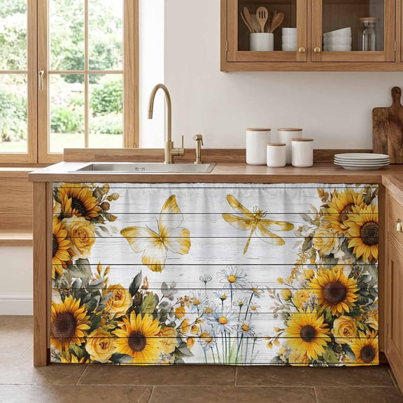 Sunflowers Cabinet Curtains for Kitchen 32"Wx55"L, Spring Daisy Floral Butterfly Dragonfly White Wood Grain Pantry Curtain Skirt Magic Tape Curtains Decor Privacy Panel for Utility Closet Bathroom