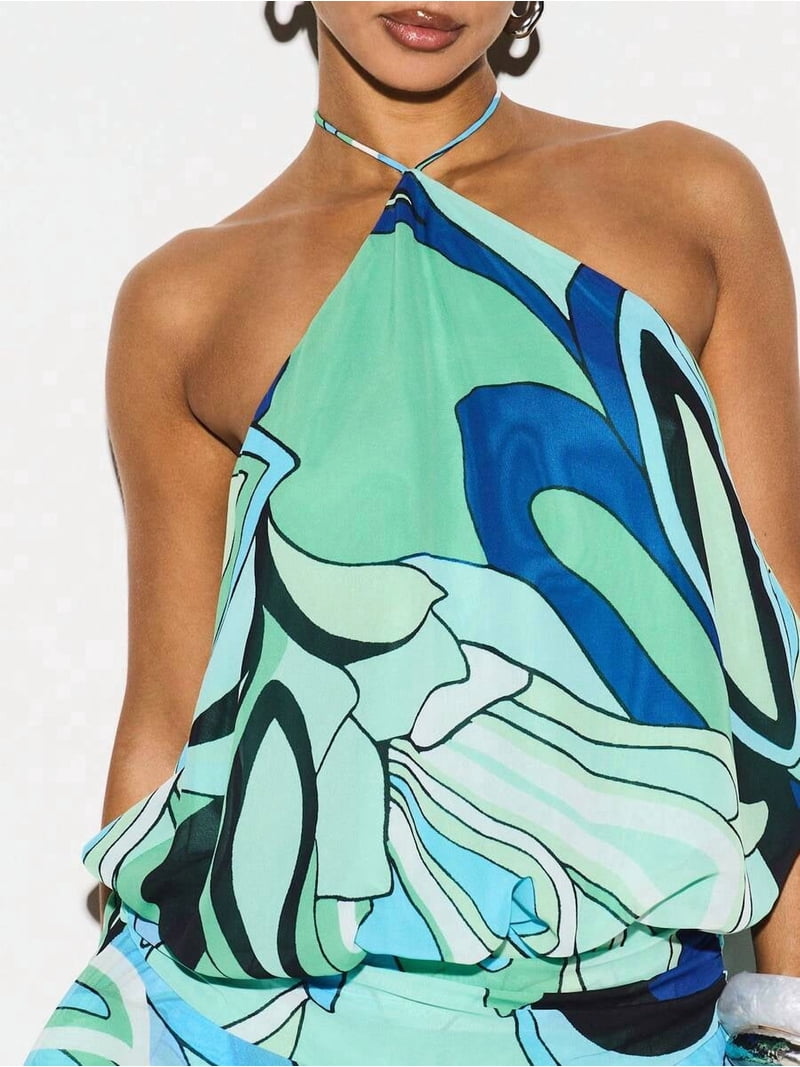 swirl halter dress Summer Newness Colorblock Swirl Print Halter Neck Stretch Maxi Dress