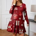thumbnail image 5 of Christmas Dresses for Women Plus Size Women's Gradient Print Casual Spring/Autumn Pocket Round Neck Long Sleeve Dress with Vintage Christmas Print for Holiday Wear,Wine,3XL, 5 of 6
