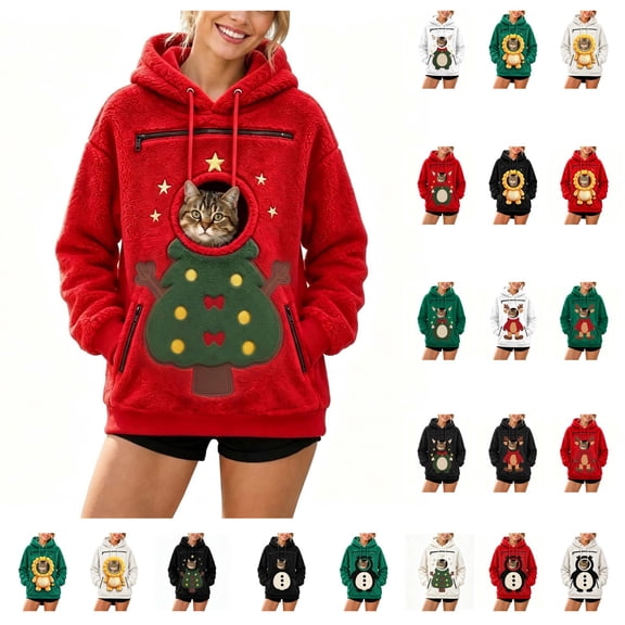 LWFFDAW Womens Christmas Pet Pouch Hoodie Xmas Tree Print Sherpa Fleece Hoodies Winter Warm Fuzzy Hoodie Long Sleeve Hooded Sweatshirts with Pockets