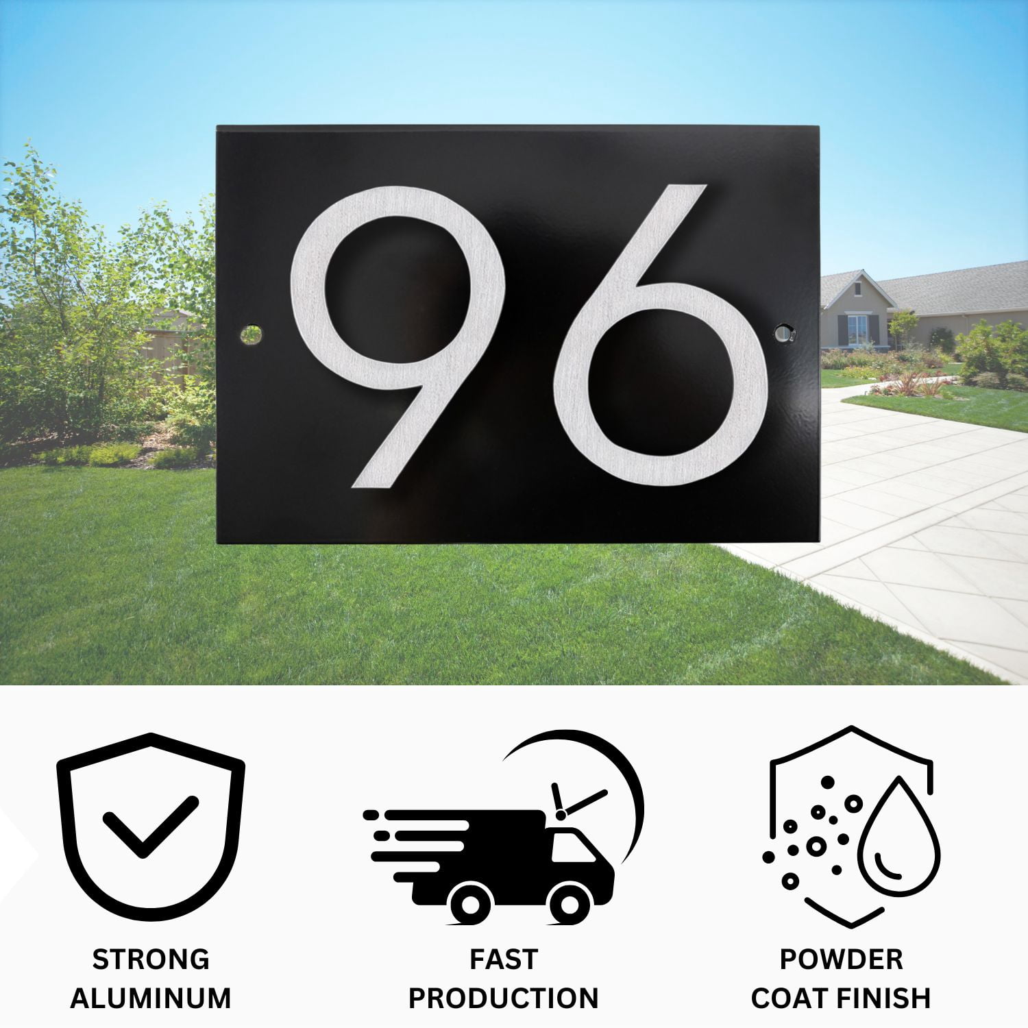 Floating Modern 6" Number Horizontal Address Plaque (2 characters) - Black/Brushed Aluminum