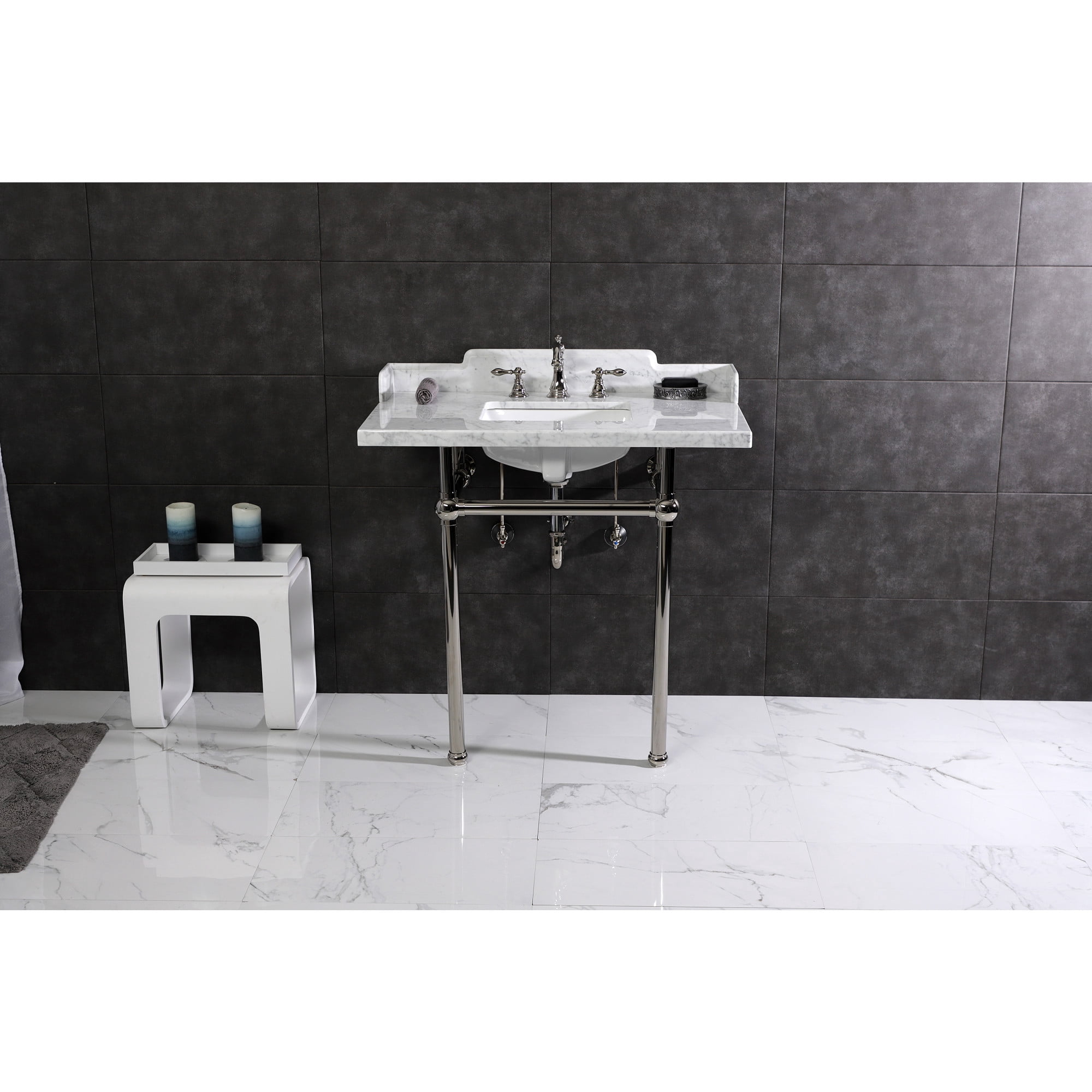 Kingston Brass LMS36MBSQ6 Pemberton 36" Carrara Marble Console Sink with Brass Legs (8-Inch, 3-Hole), Carrara Marble White/Polished Nickel