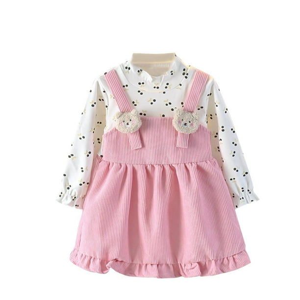 Odeerbi Niñas Primavera Algodón Pana Vestido Mono Cereza Imprimir Oso Tirantes Falda Manga Larga Vestido Princesa
