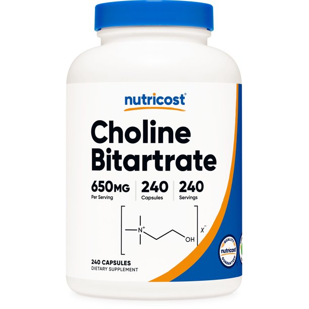 Nutricost Choline Bitartrate 650mg, 240 Capsules (White) NonGMO