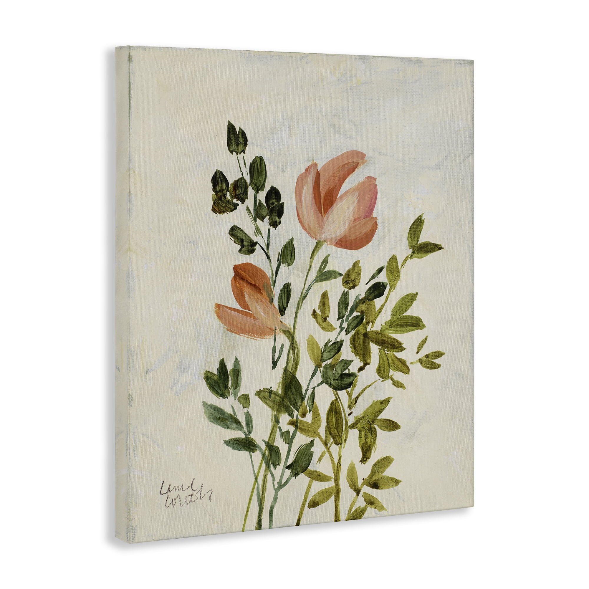 Stupell Industries Vintage Leaves Pink Blossom Floral & Botanical Painting Wrapped Canvas Art Print Wall Art, 24 x 30
