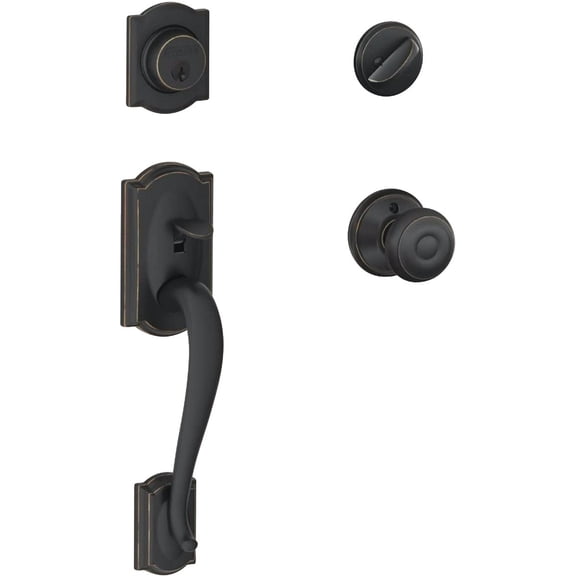 Schlage Camelot Single Cylinder Handleset and Georgian Knob - Adjustable - Aged Bronze