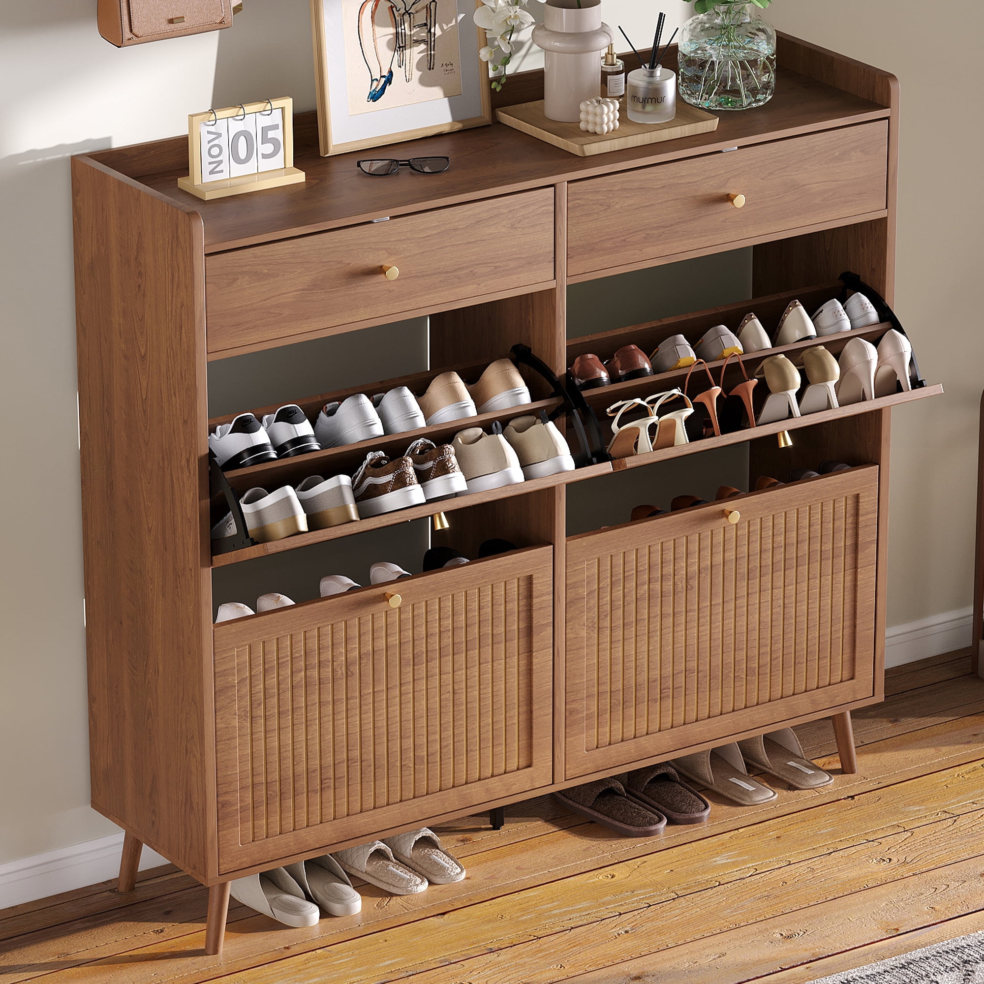 Shoe Cabinet Storage for Entryway with 4 Flip Drawers & 2 Storage Drawers,Narrow Shoe Cabinet with Adjustable Shelves,Freestanding Fluted Panel Shoe Rack for Hallway, Foyer, Living Room,Walnut.