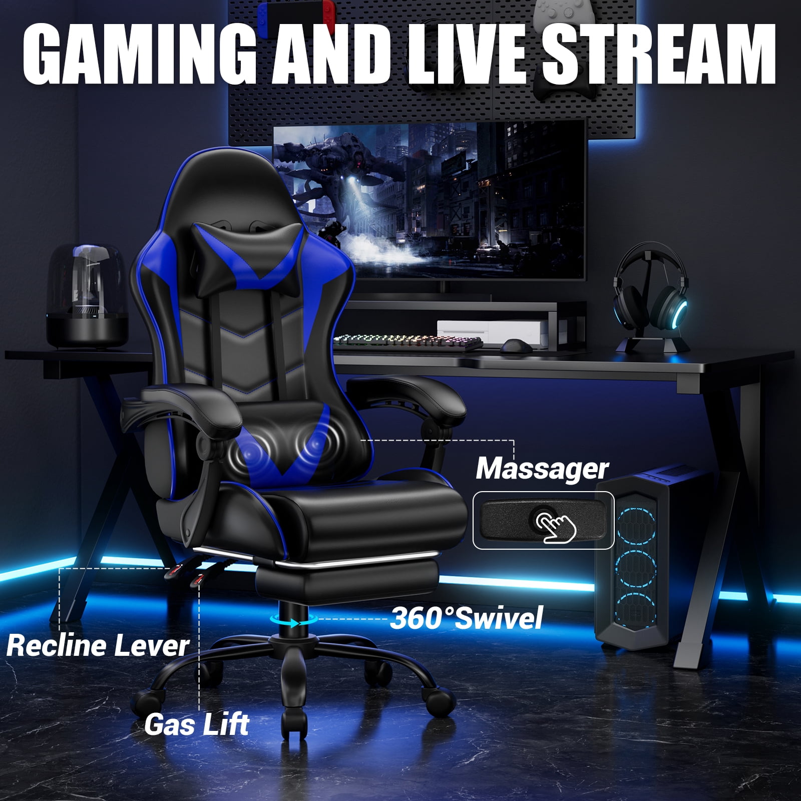 Czlolo Gaming Chair, Lumbar Massager Game Chairs, High Back Reclining, with Headrest Gamer Office Chair.(Blue)