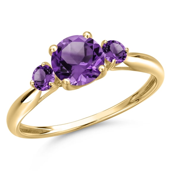 Gem Stone King 10K Yellow Gold Purple Amethyst 3-Stone Ring for Women | 1.20 Cttw | Round 6MM | Gemstone February Birthstone | Size 7