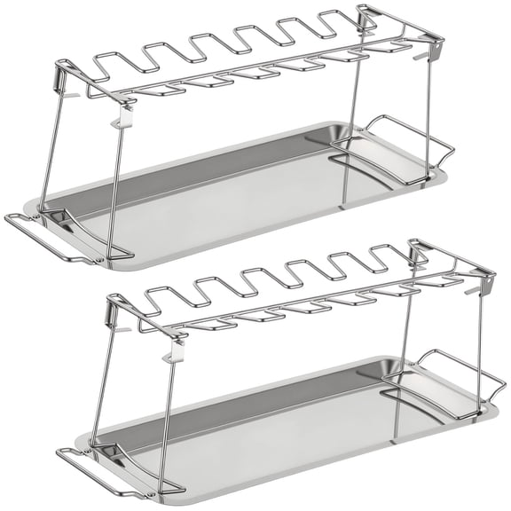 2 Pcs Stainless Steel Chicken Leg Rack Set with Drip Tray, 17.1 in Roasting Rack with 12 Slots, Deep Tray for Oil Catching, BBQ Rib Rack for Smoker Grill Oven