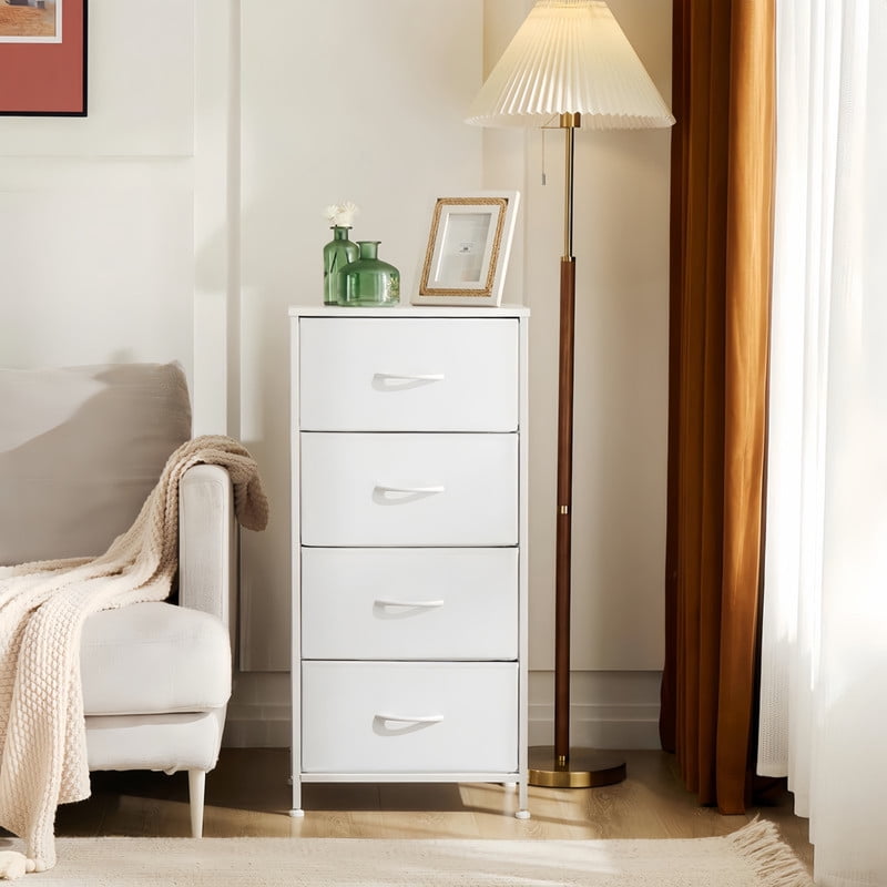 Kelno 4 Drawer Fabric Dresser Steel Frame Storage Chest Organizer with Wood Top, White