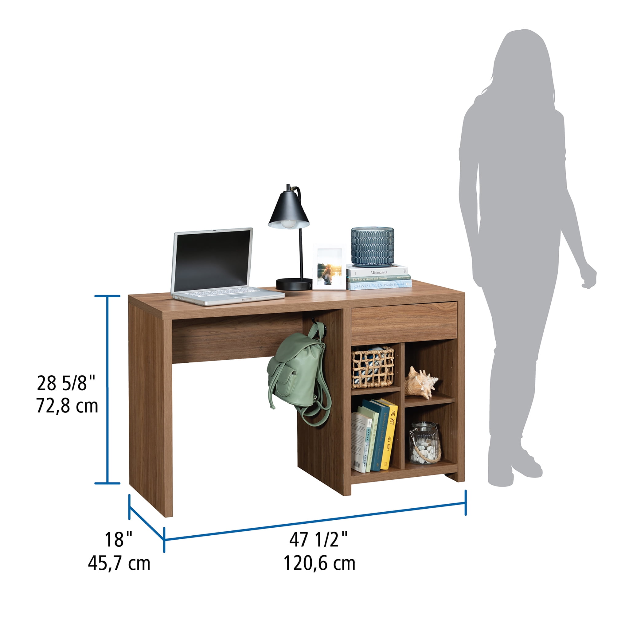 Mainstays Westley Adjustable Shelf Desk with Gaming Headphone Hook and Cable Management, Warm Walnut Finish