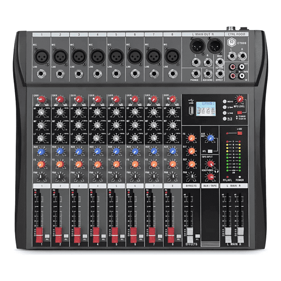 Open Box 8 Channel Professional Audio Mixer Console Sound Board with 48V Phantom Power,USB Audio Interface for Live Show,Streaming Recording Music Stage Karaoke