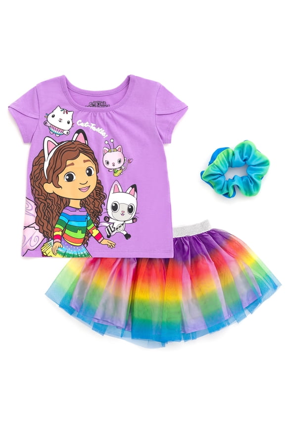 Little Girls' T-Shirt and Tutu Skirt Set with Scrunchie Purple Rainbow Ombre