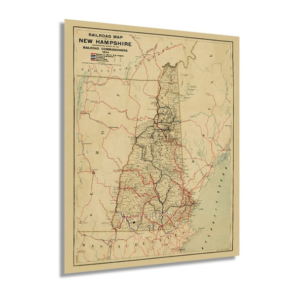 1894 New Hampshire Map - Vintage Map of New Hampshire - History Railroad Map of New Hampshire -  Old New Hampshire Wall Art Poster