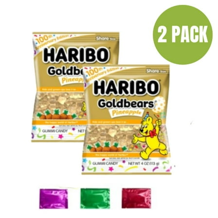 Candy  100th Anniversary Edition Gold Bears, Pineapple Gummy Bears Candy – Chewy Bear-Shaped Snacks, 4 oz Bag (2-Pack) w/ Bonus LaPrima Morceau Bonbon