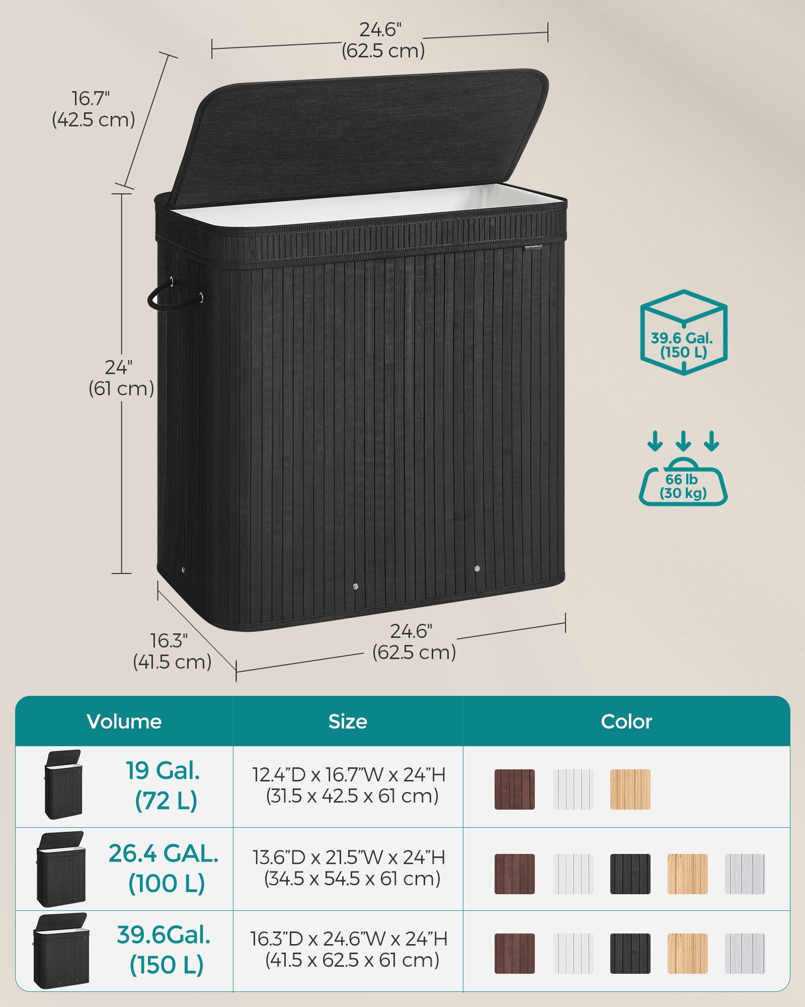 150L Laundry Hamper with Lid Bamboo Laundry Basket Removable Machine Washable with Handles for Laundry Room Bedroom Ink Black