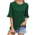thumbnail image 2 of YHAJDS Womens T Shirts Trendy Short Sleeve Round Neck Rolled Hem Solid Color Tee Loose Casual Top, 2 of 5
